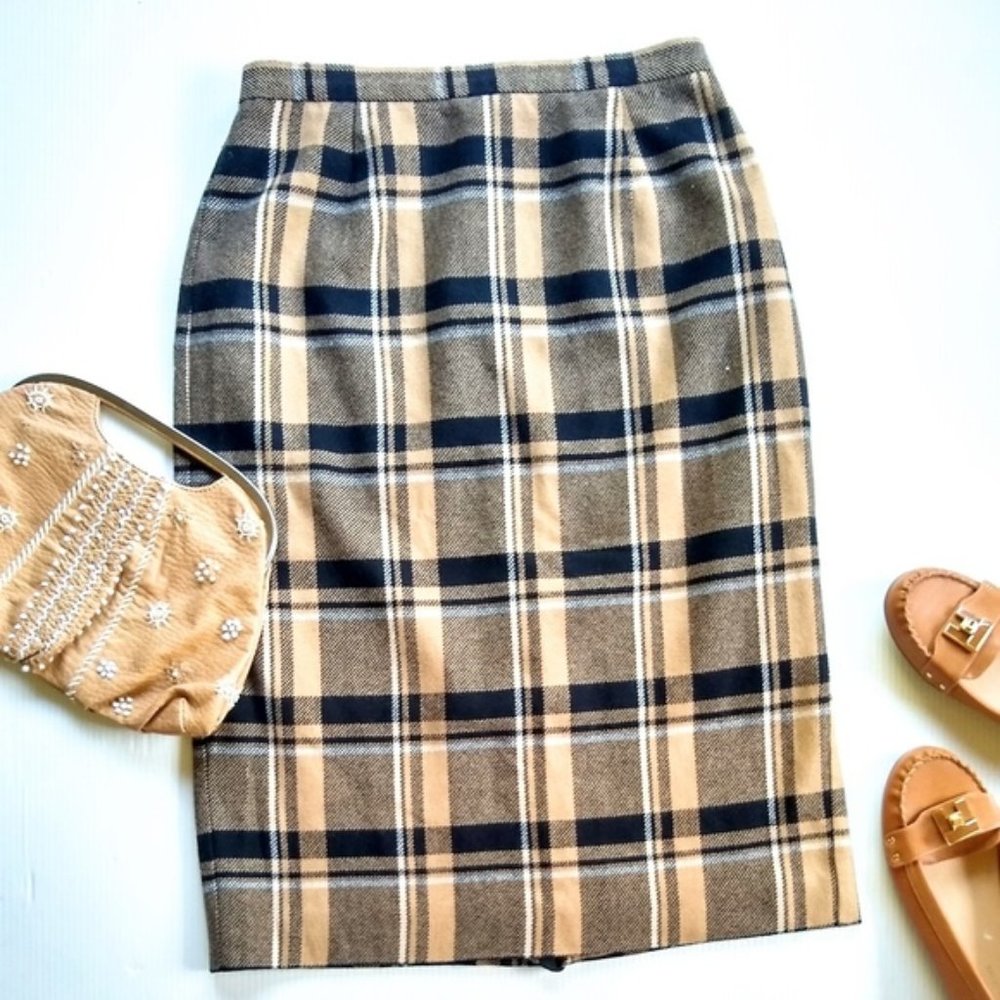 Vintage • black & tan plaid wool midi skirt